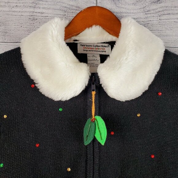 Heirloom Collectibles Christmas Collection Beaded Zip Sweater Sz M Detach Collar - Picture 4 of 9